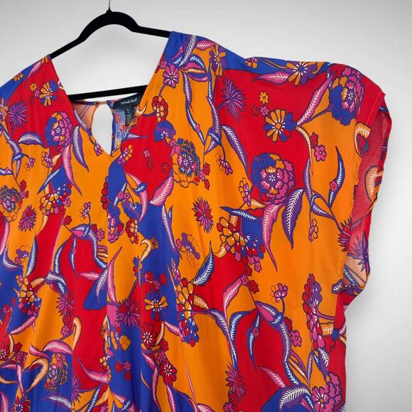 ModCloth Floral Tropical Twirl Kaftan Shirt Long Dress Orange Blue Size Large - Picture 4 of 9